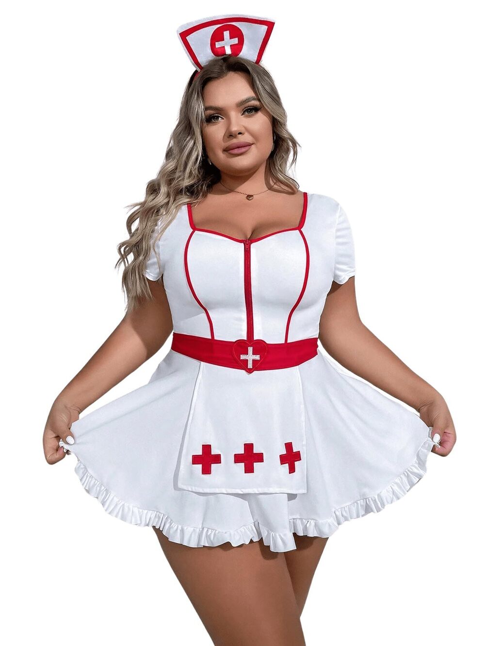 9569 Plus Size Nurse Costume Cosplay Zip Front Halter Lingerie Set
